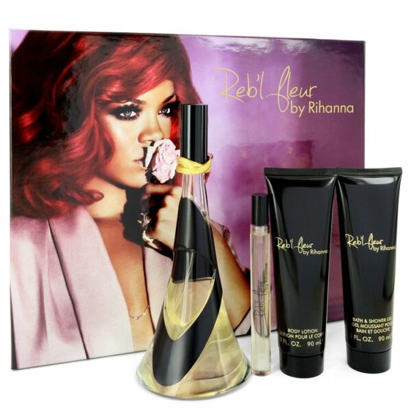 Reb'l Fleur by Rihanna Gift Set -- 3.4 oz Eau De Parfum Spray + 3 oz Body Lotion + 3 oz Shower Gel + .34 oz Mini EDP Spray (Women)