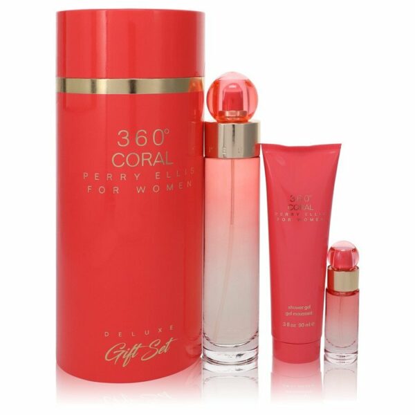 Perry Ellis 360 Coral by Perry Ellis Gift Set -- 3.4 oz Eau de Parfum Spray + .25 oz Mini EDP Spray + 3 oz Shower Gel (Women)